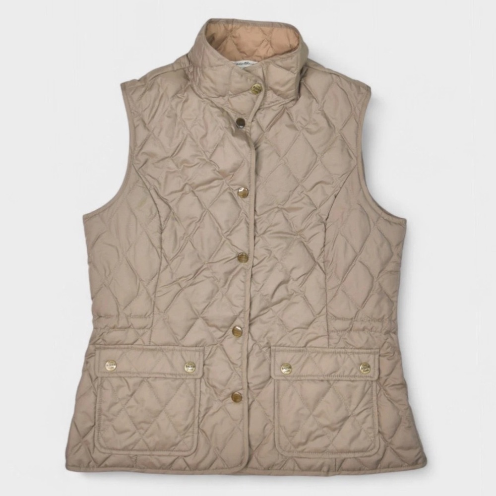 Eddie Bauer Goose Down quilted Vest Jacket brown tan Snap Up Womens size Small